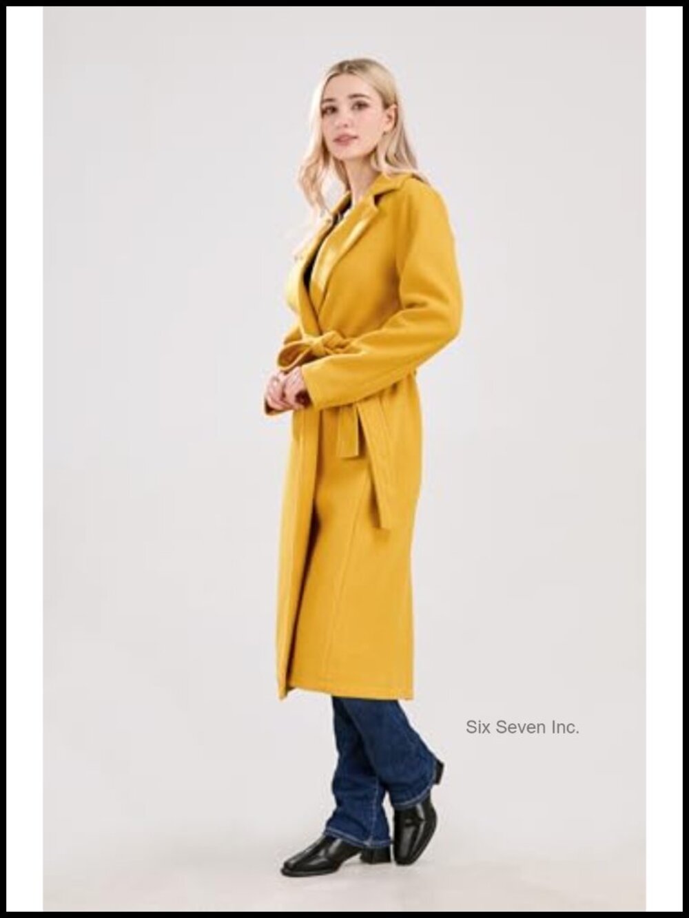 Womens Long Wool Pea Coat Belted Notched Collar Open Front Trench Coat - Picture 2 of 6